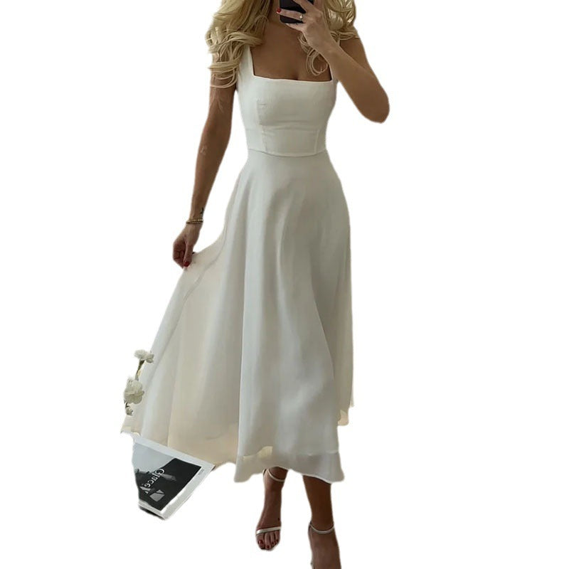 European And American Women's Clothing - Summer Fashion Elegant Sleeveless Sling Solid Color Dress