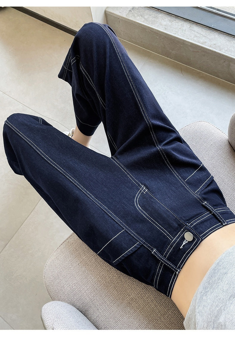 High-Waist Wide-Leg Denim Ankle Pants for Women with Double Stitching