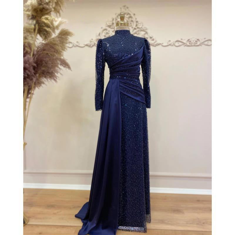 Robe de soirée longue à col montant et manches longues en dentelle à sequins bleu foncé musulmane Hui