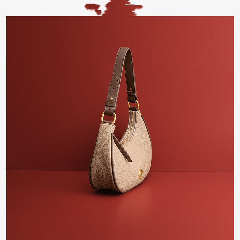 Niche Design Genuine Cowhide Leather Khaki Underarm Bag