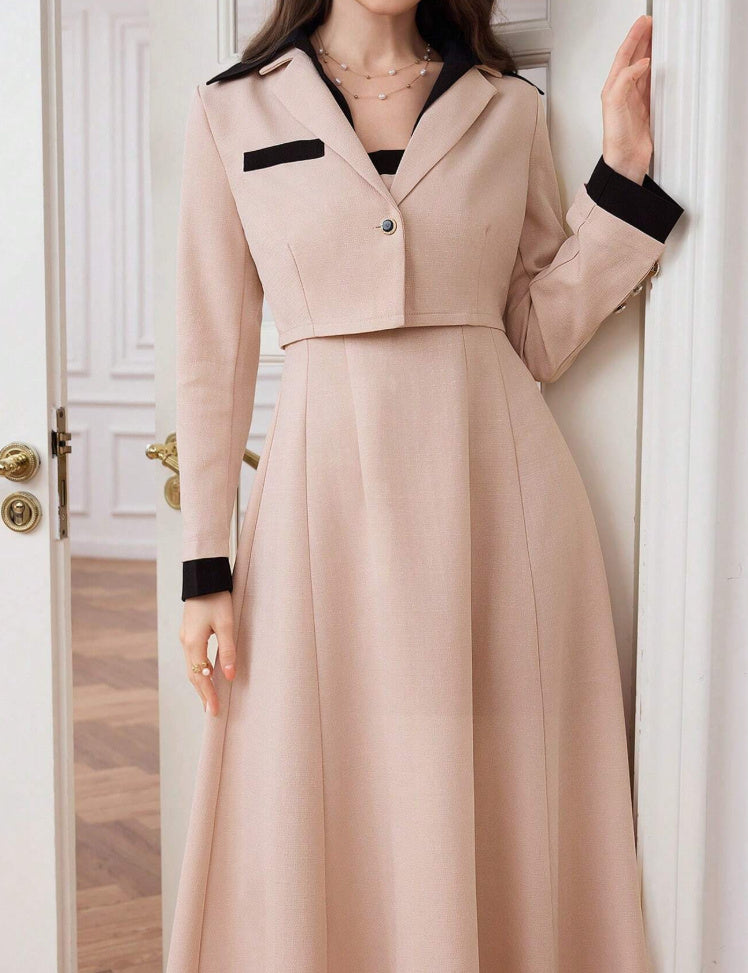 Women's Round Neck Long Sleeved Jacket And Camisole Skirt