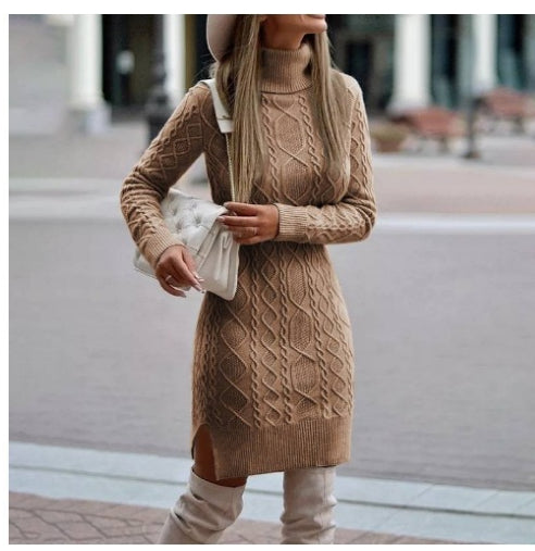 Fashion Turtleneck Knitted Pullover Dress With Slit Winter Warm Solid Color