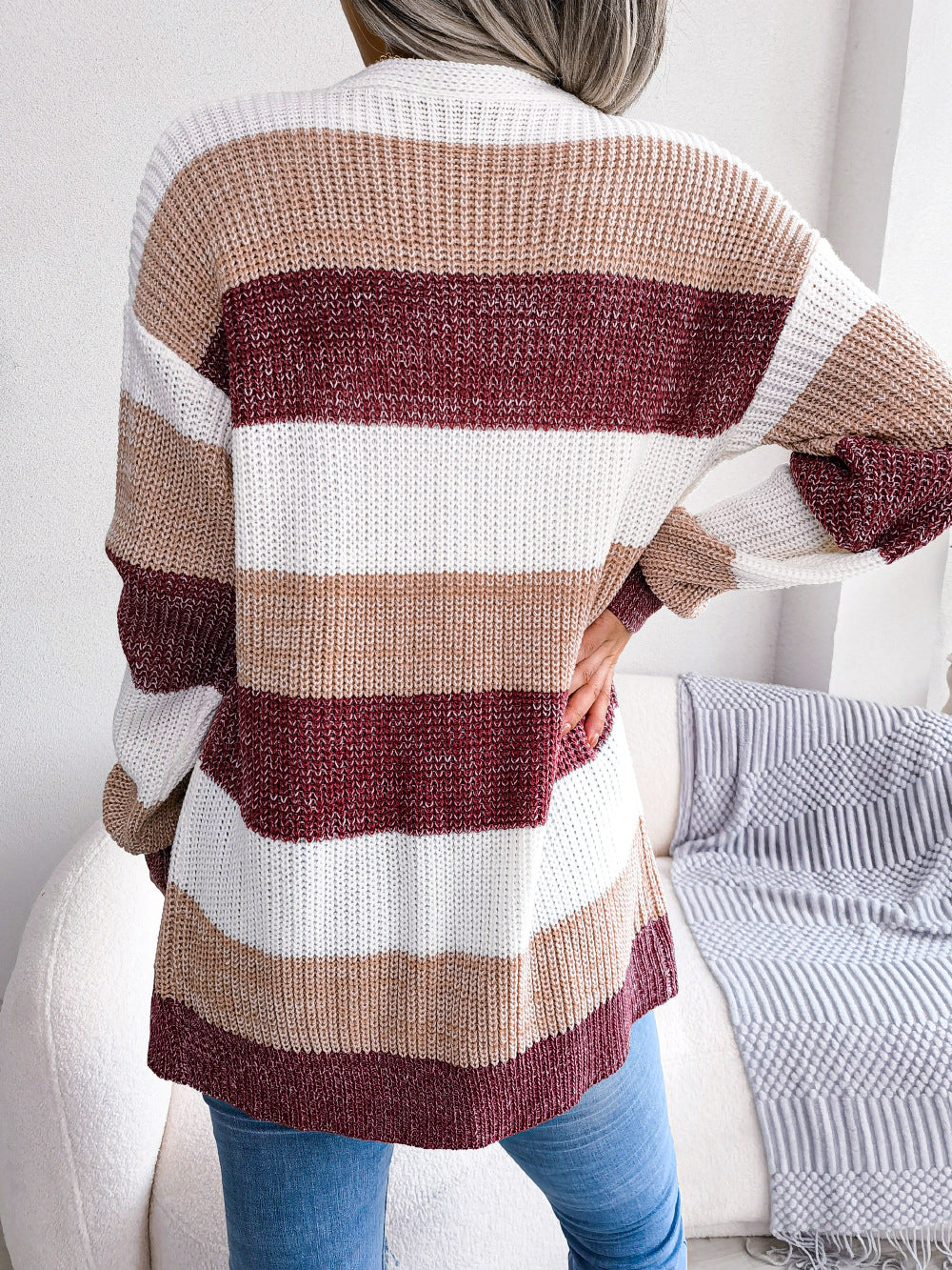 Gilet en tricot à carreaux et manches lanternes pour femme