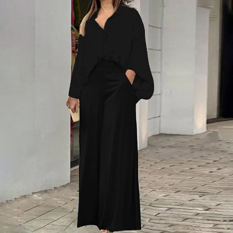 Loose And Elegant Casual Printed Shirt Top Wide Leg Pants Fashion Suit
