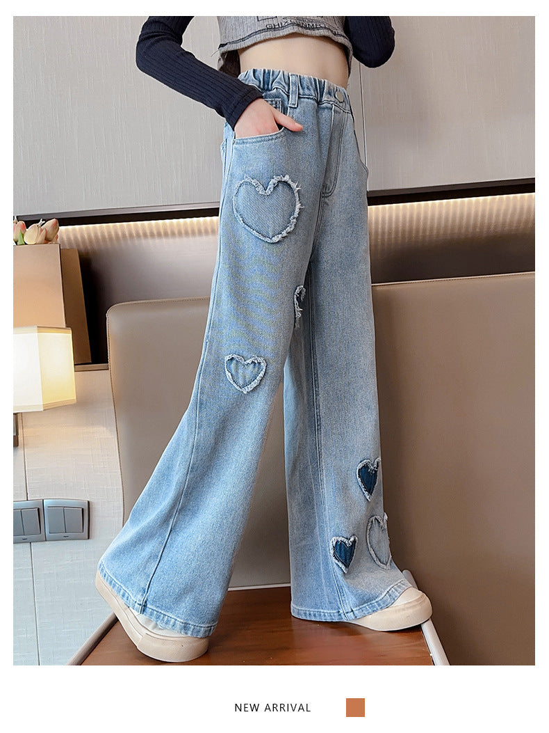 Girls' Blue Raw Edge Denim Wide-Leg Pants