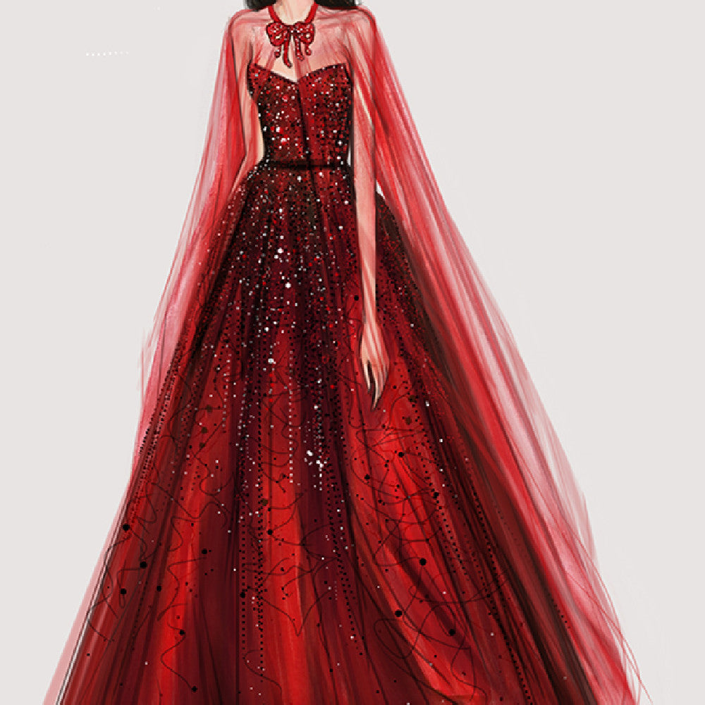 Luxury Wine Red Middle-Waist Bridal Toast Dress Long Skirt