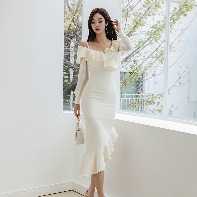 Beige Apricot Ruffled Asymmetric Hip-Wrapped Dress S-XL Polyester