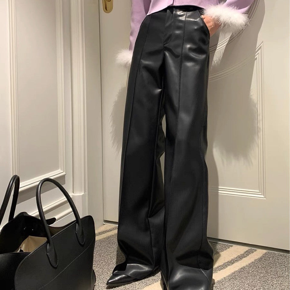 High Waist Wide Leg Casual Loose Leather Pants