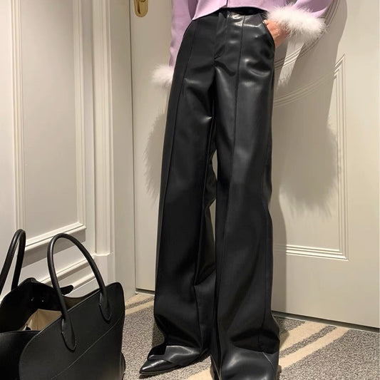 High Waist Wide Leg Casual Loose Leather Pants
