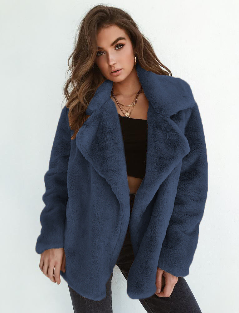 Plush Lapel Woolen Coat for Women - Casual Loose Fit