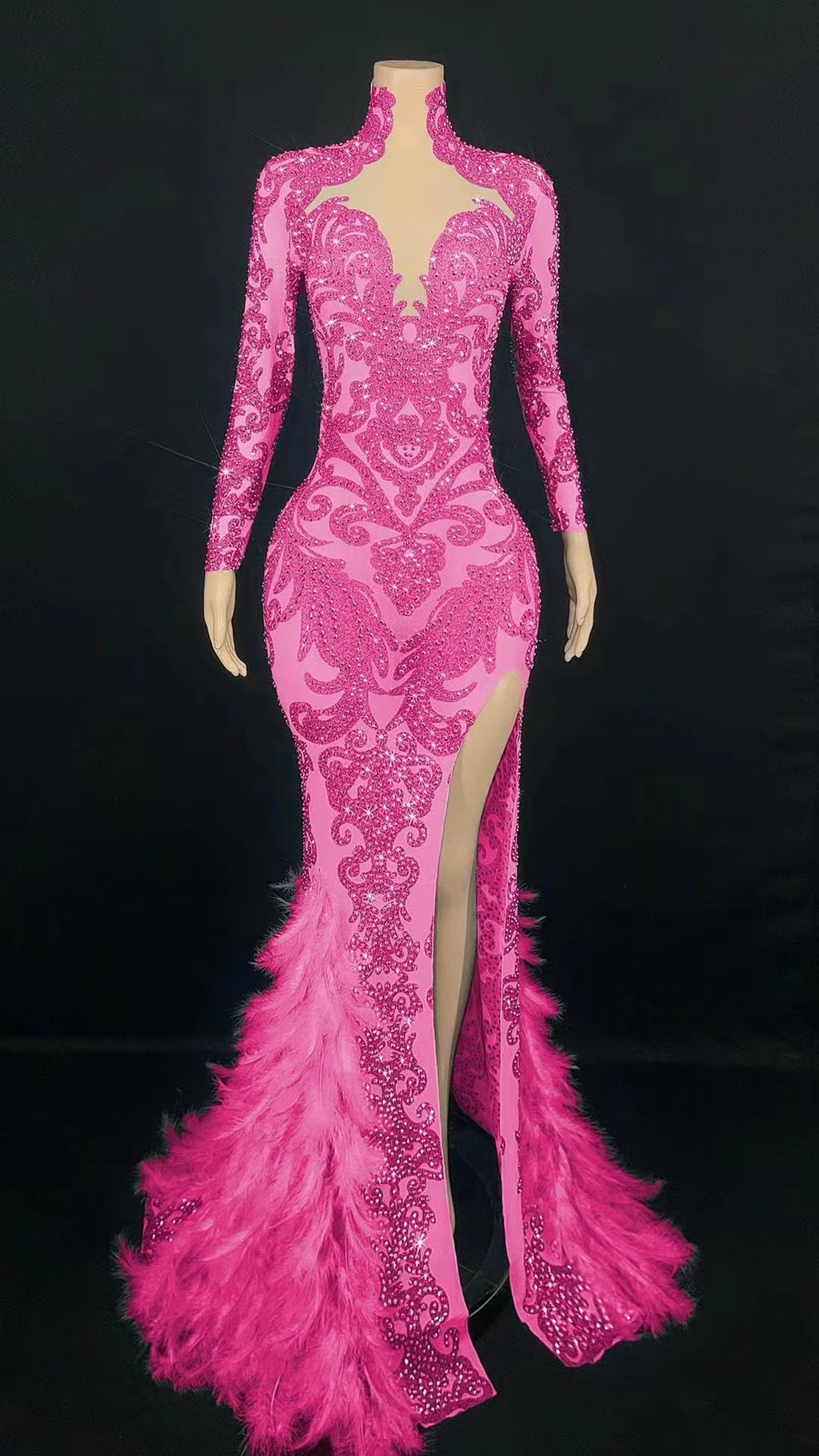 Women's Beaded Feather Long Tight Jumpsuit Dress