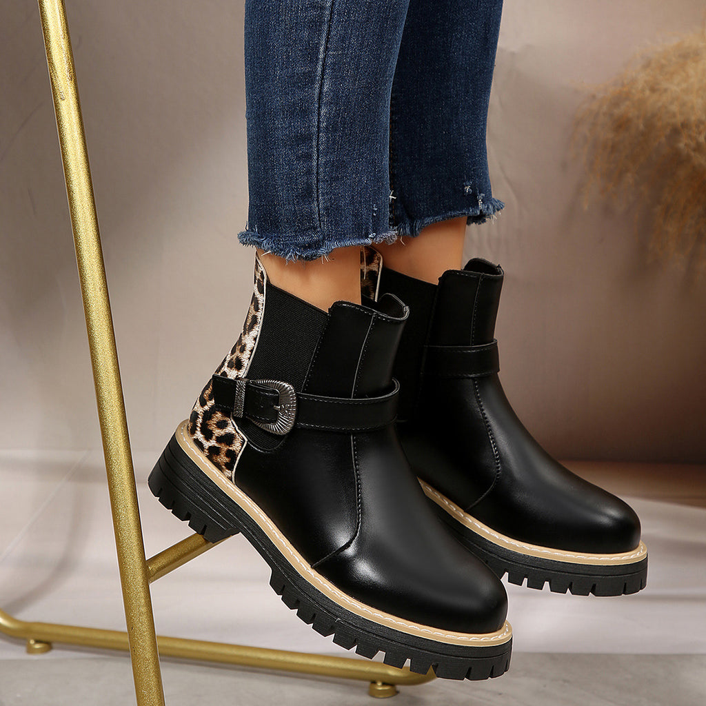 Bottines mi-hautes léopard grande taille à talon mi-haut et boucle métallique