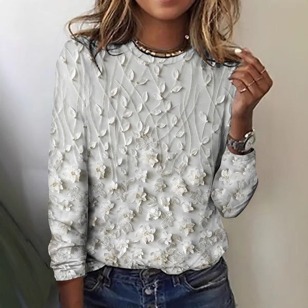 Women's Fashion 3D Digital Printed Round Neck Long-sleeved T-shirt