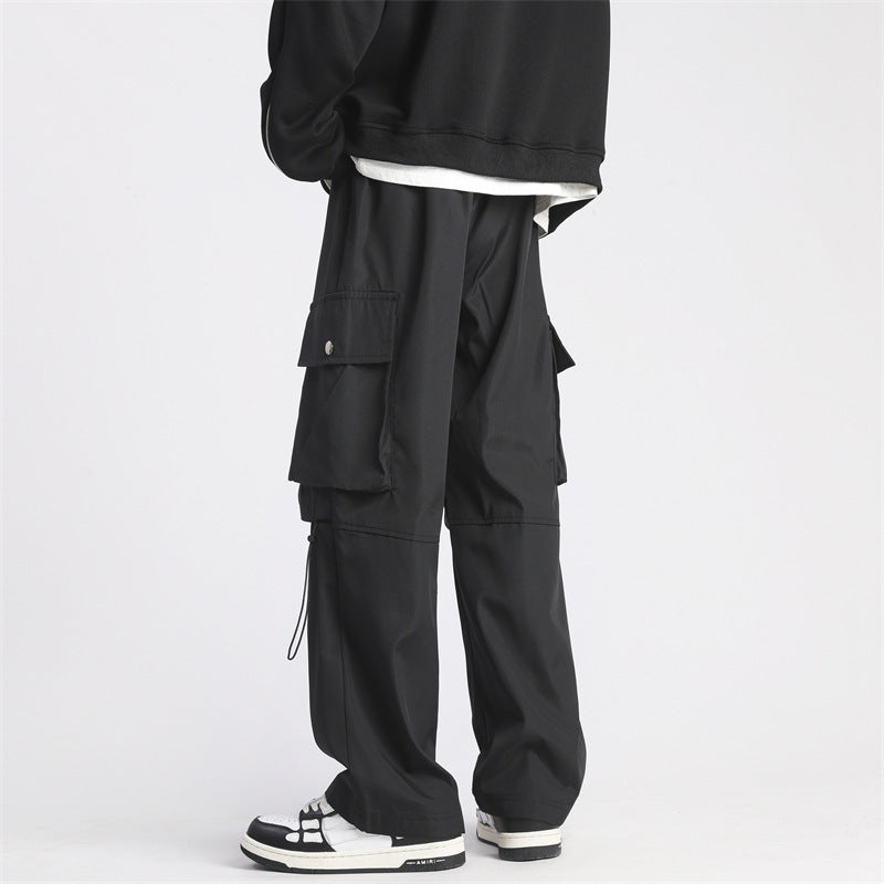 Men's Loose Wide Leg Straight Casual Pants in Black & Green Polyester