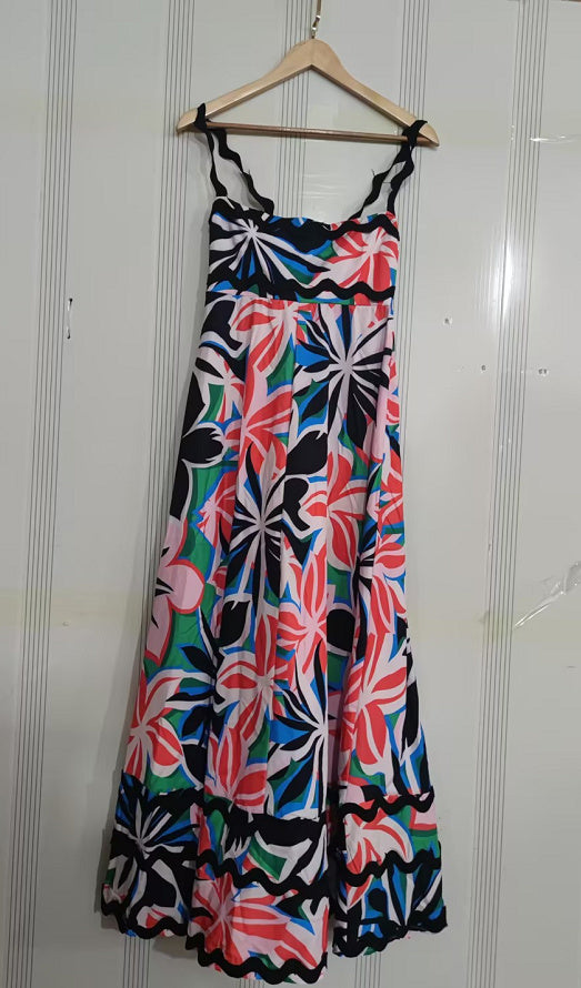 Women’s Flowers Print Wavy Pattern Suspender A-Line Beach Dress