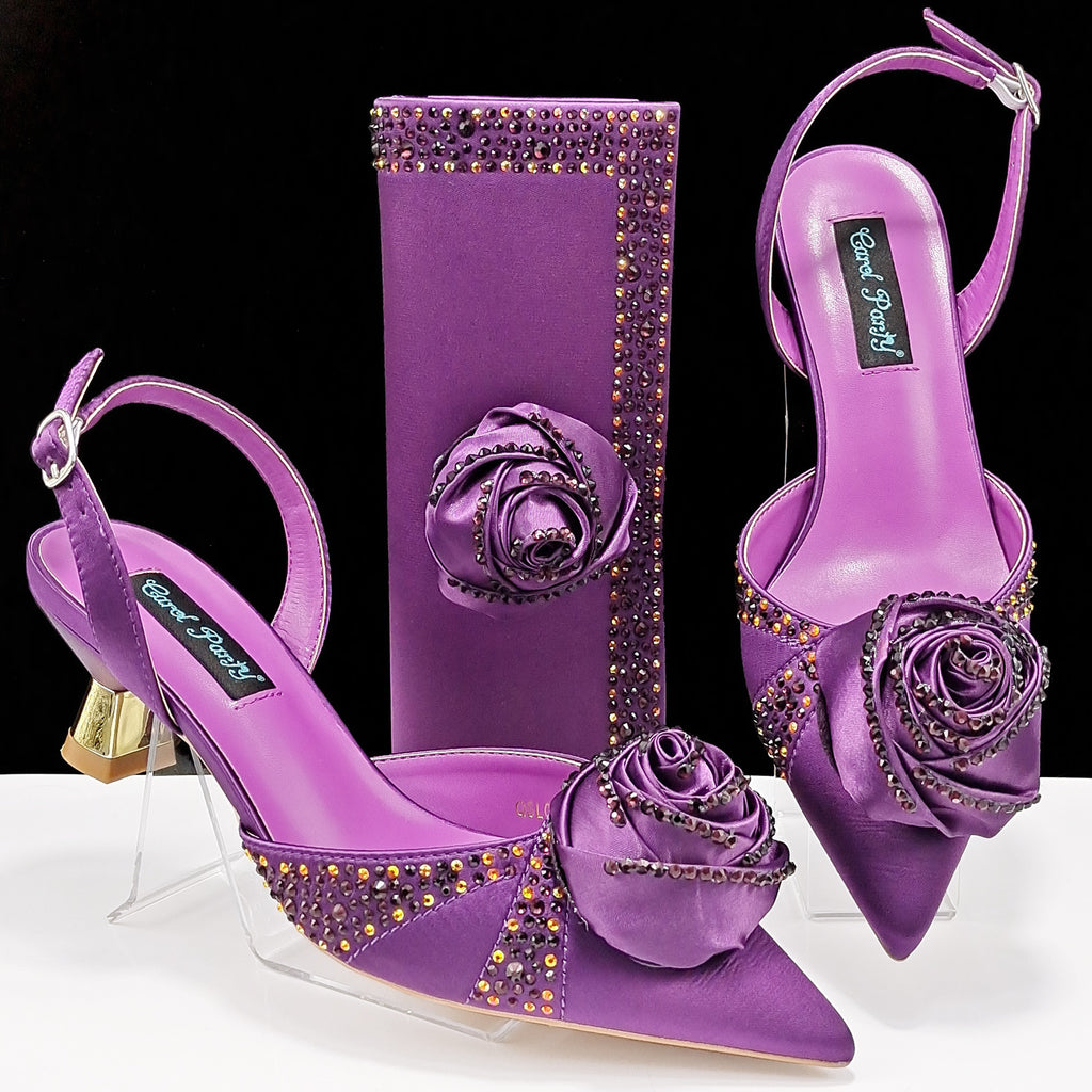 Handmade Satin High Heels & Bags Set with Flower Decoration