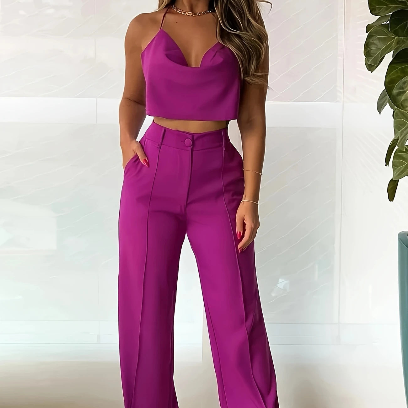Polyester Fiber Women's Top Set S-XL