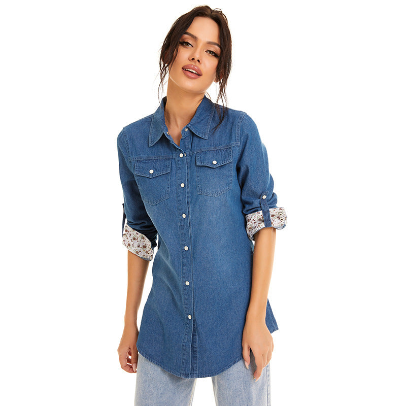 Veste-chemise mi-longue en jean pour femme avec broderies florales