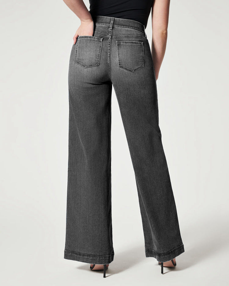 Jeans femme taille mi-haute jambe droite large avec taille haute élastique