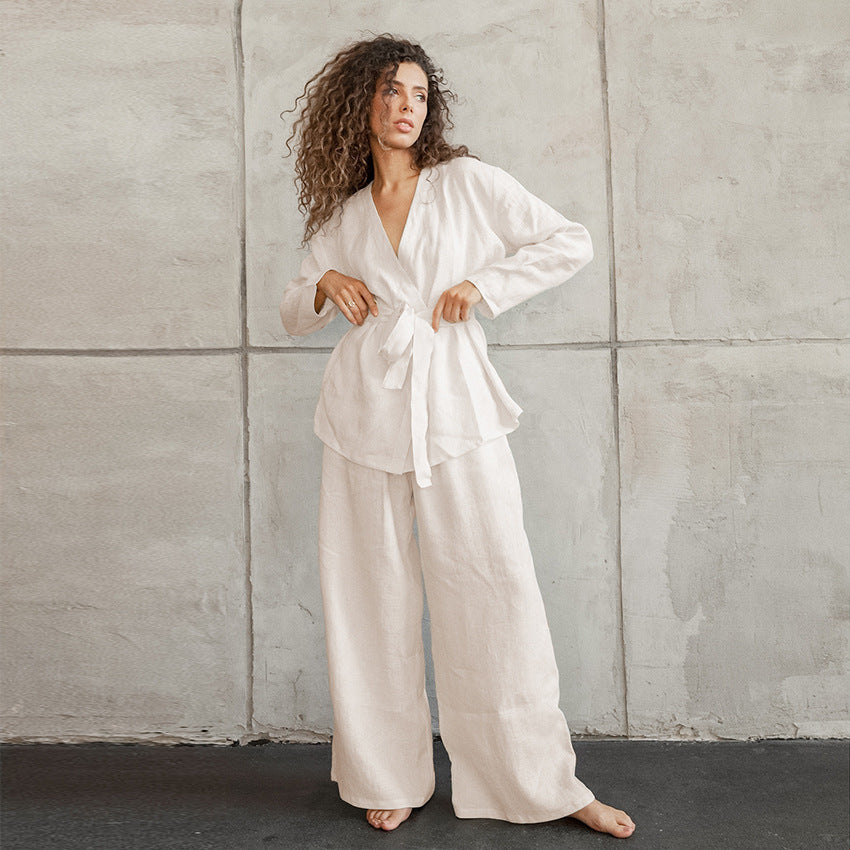 Cotton Linen Women’s Lace-Up Long Sleeve Pajama Set