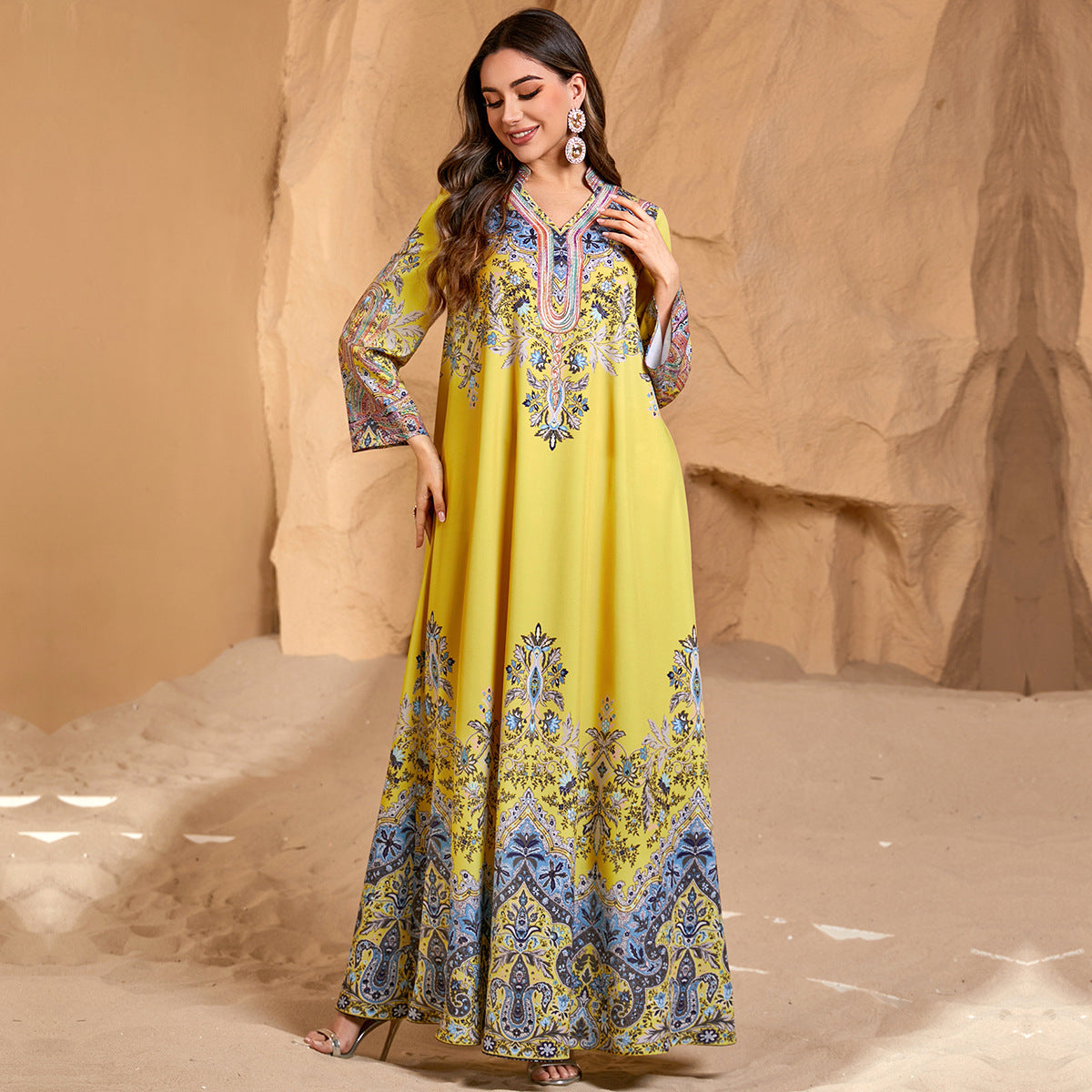 Printed Women's Arabian Casual Abaya Round Neck Loose Dress