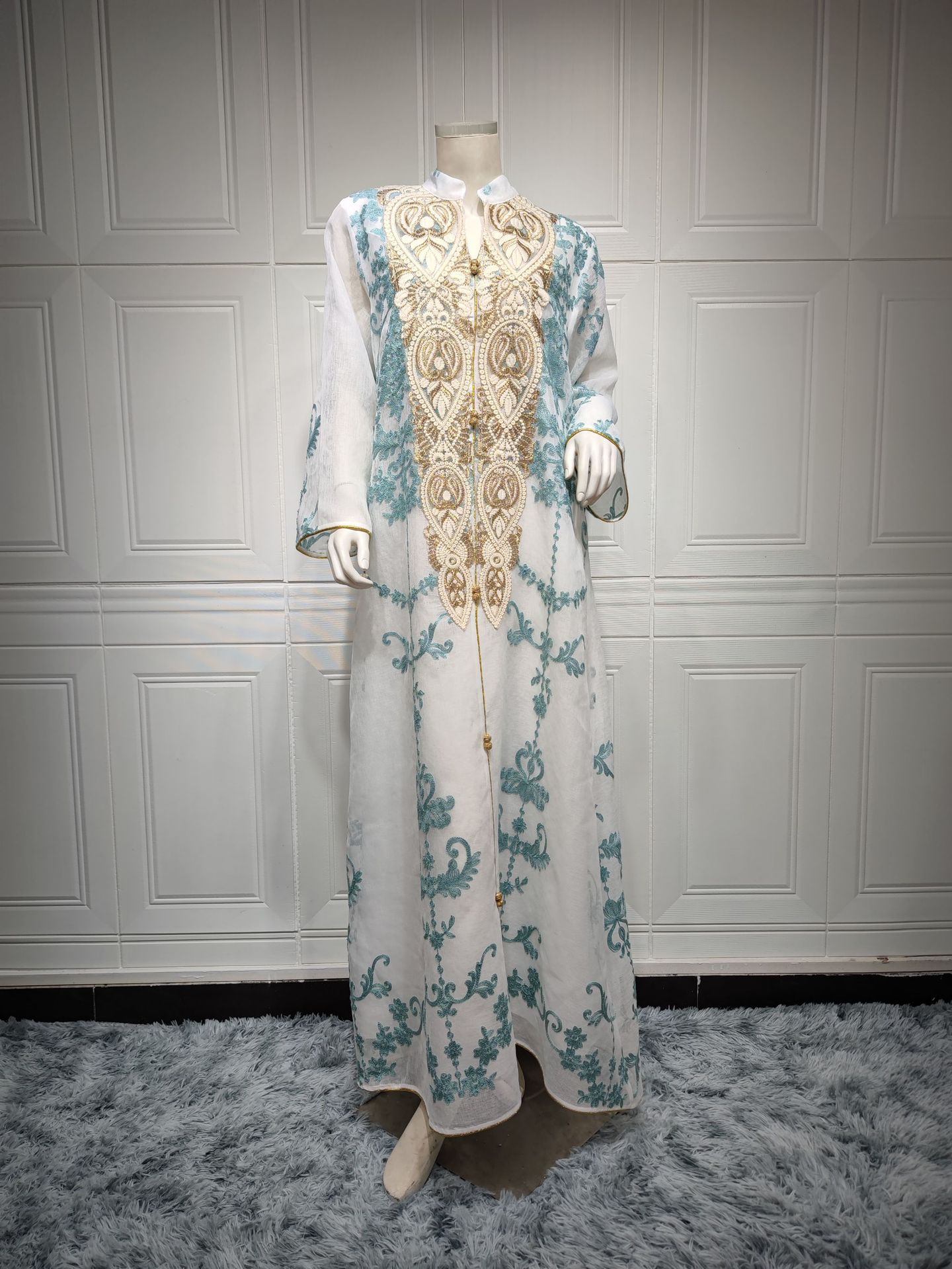 Arabian Women's Casual Embroidered Dress in White, Blue & Apricot