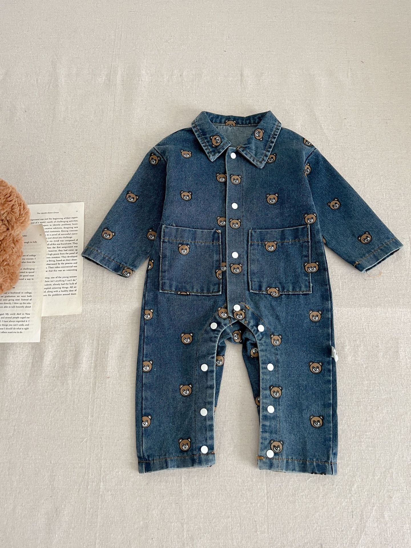 Child Bear Dark Blue Denim Jumpsuit Long Sleeve
