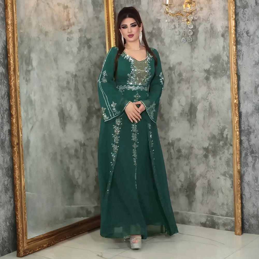 فستان نسائي مسلم أنيق بأكمام جرس باللون الأخضر والأرجواني والأسود، مقاسات L-3XL