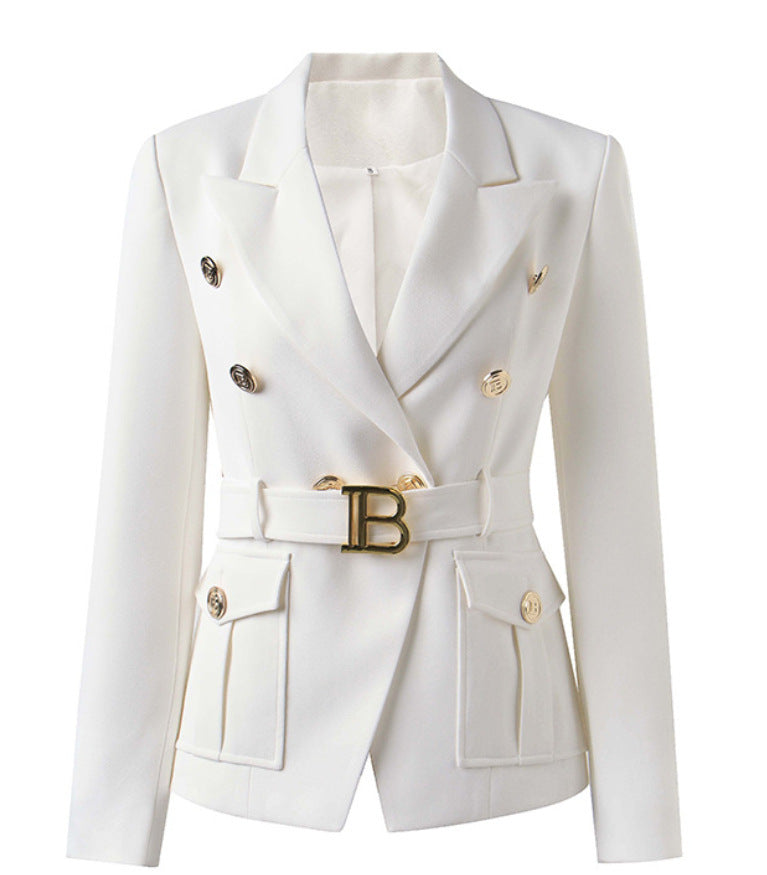 Manteau femme bicolore noir et blanc avec poches et ceinture à boucle métallique