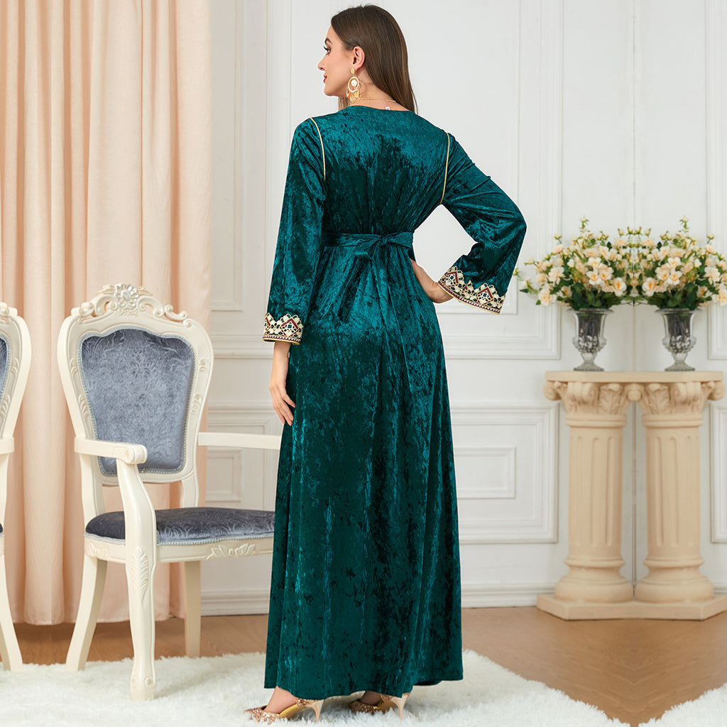 Robe en velours canari ample et ajustée à col en V et manches longues pour femme