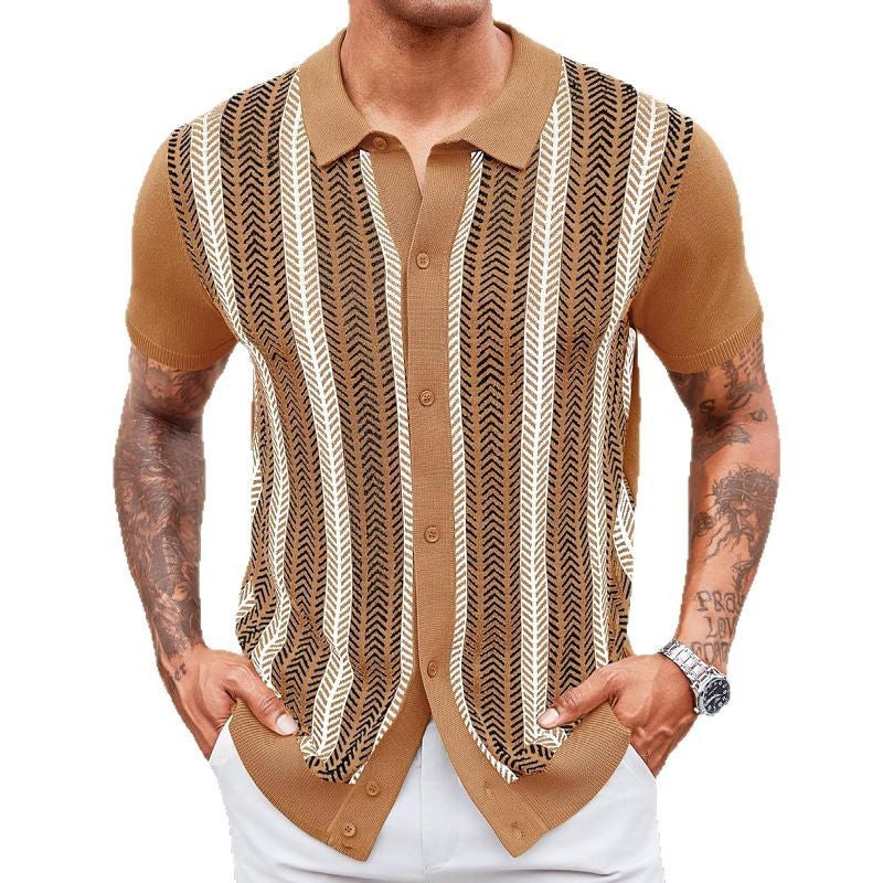 Men's Casual Striped Jacquard Short Sleeve Sweater Summer Sizes M-3XL