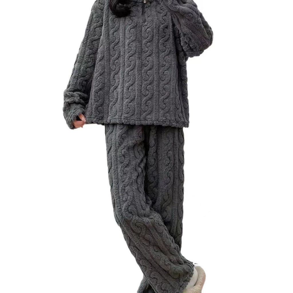 Pyjama Couple Hiver Automne en Polaire Corail Épais avec Fermeture Éclair Torsadée, Tenue d'Intérieur
