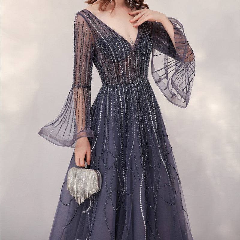 High-End Luxury Evening Dress for Banquet with Trumpet Sleeve and Zipper