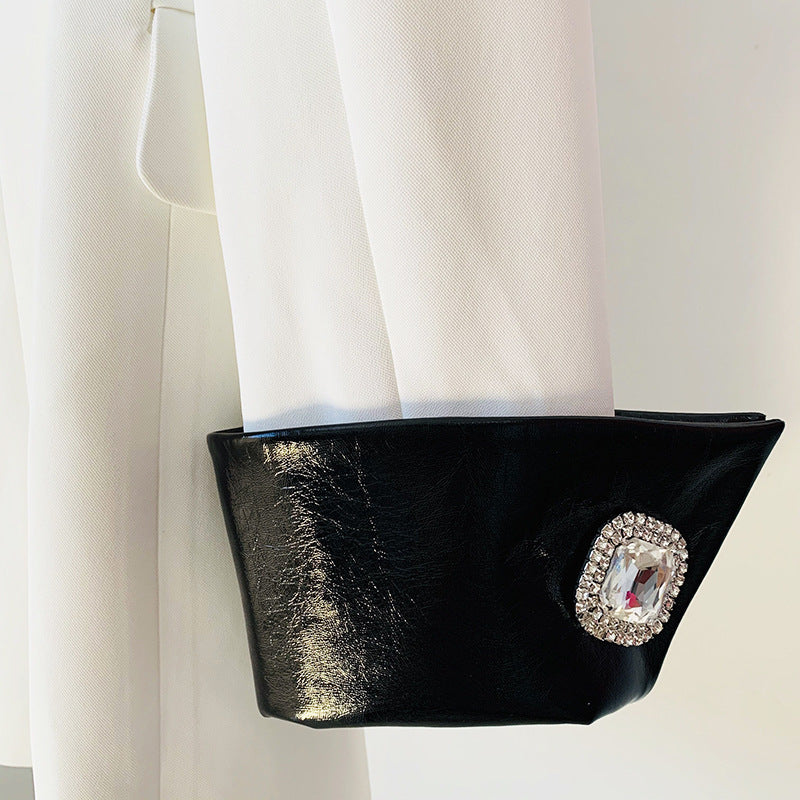 Contrast Leather Collar Diamond Stitching Jacket