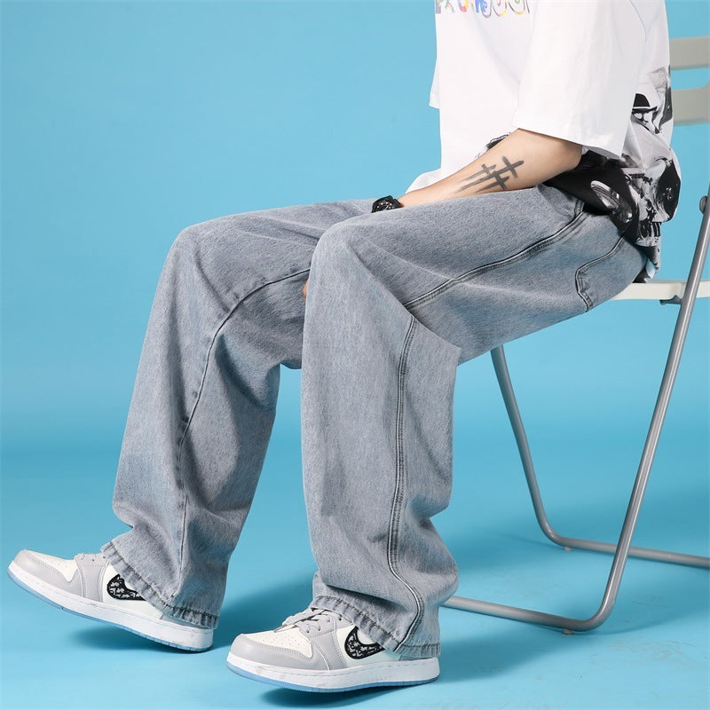 Jeans droits amples pour hommes avec fermeture éclair - Bleu clair, Noir, Bleu, Gris anthracite