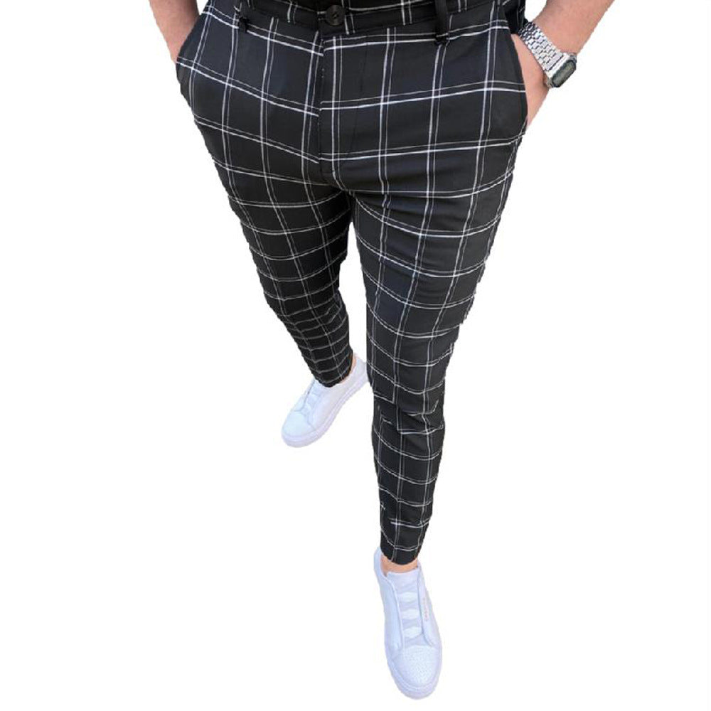 Men's Mid Waist Plaid Casual Tapered Trousers