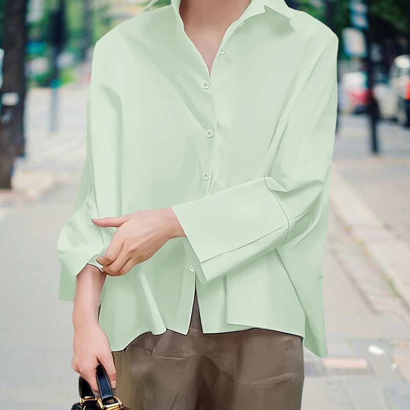 Women's Solid Color Fashion V-Neck Blouse - Puff Sleeve Button-Down Long-sleeved Shirts For Spring & Fall