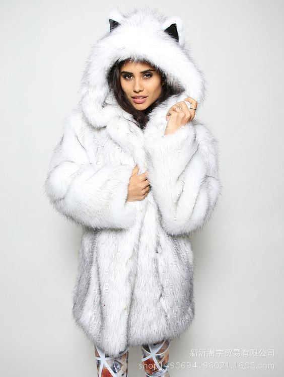 White Gray Black Plush Artificial Fur Coat in S-3XL
