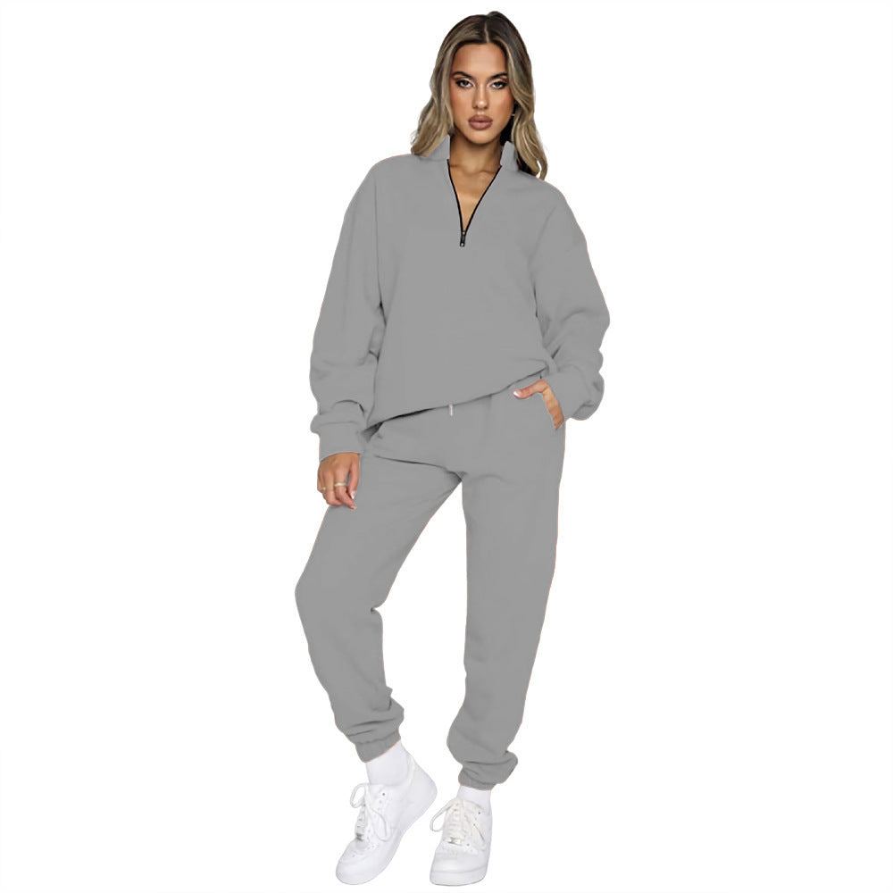 Women's Zipper Pullover Long Sleeve Sweater Two-Piece Set