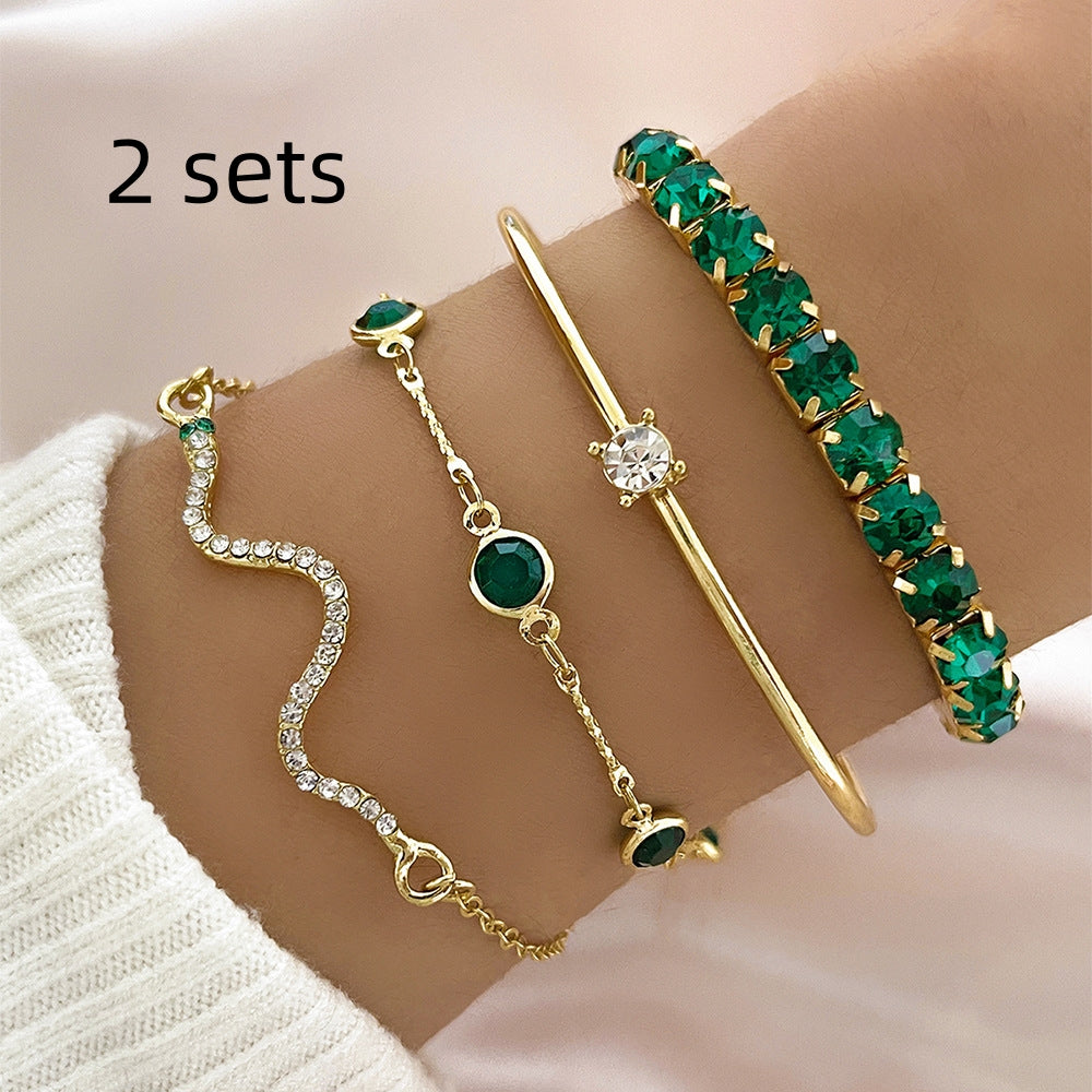 Ensemble de 4 bracelets extensibles vert style grand-mère avec diamants pour femme