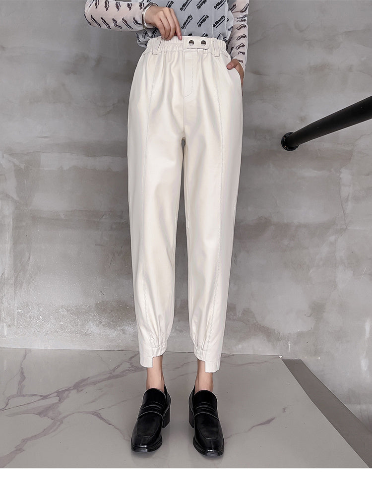 Women's Sheepskin Leather Harem Pants High Waist Elastic Leggings