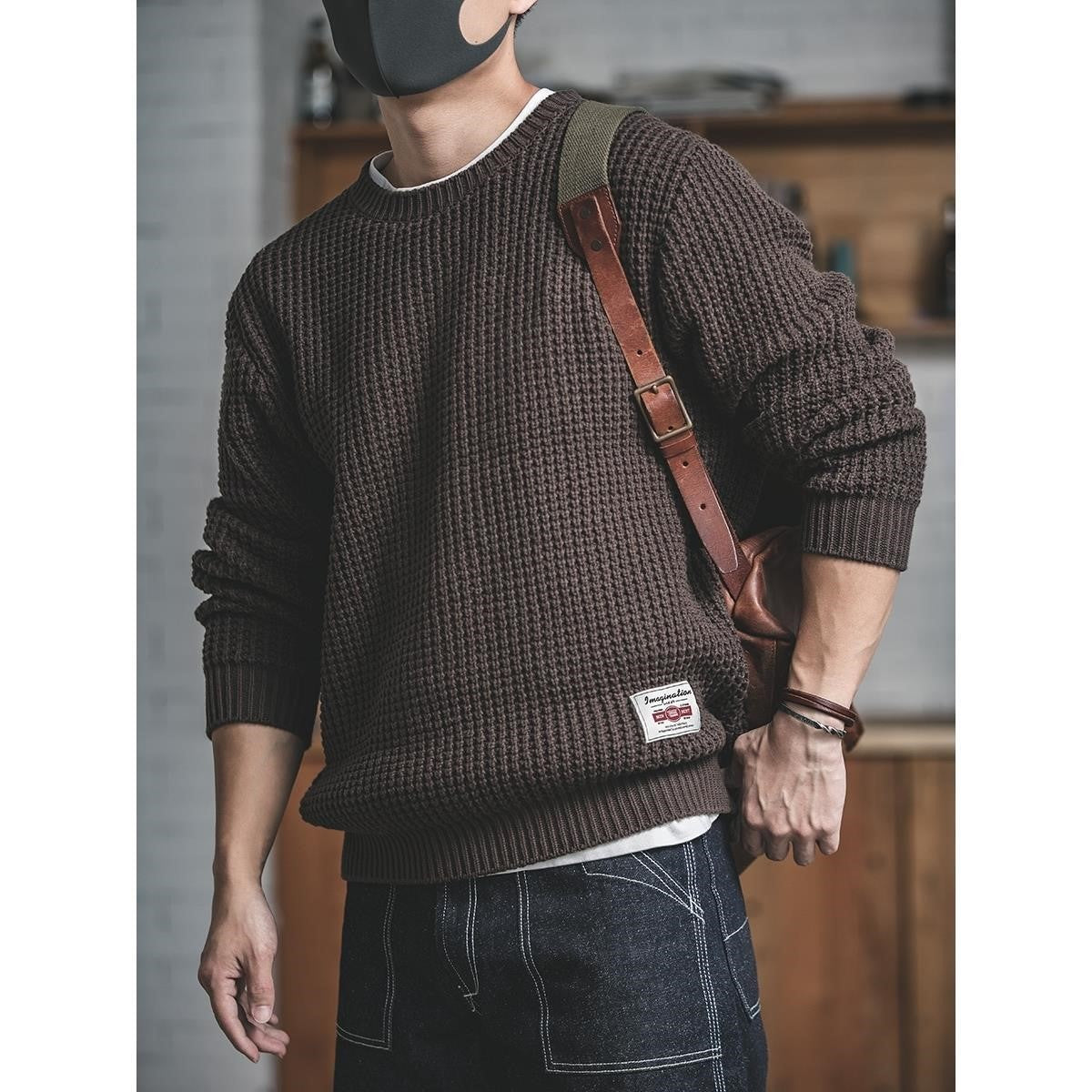 Men's Round Neck Thick Wool Knit Sweater Loose Fit