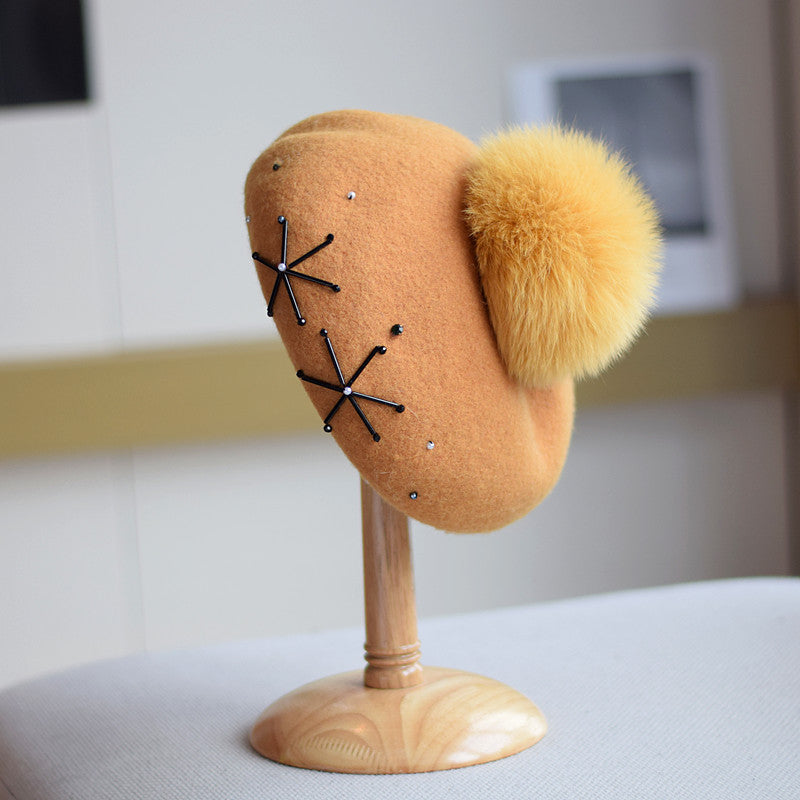 Women's Wool Dome Hat with Fox Fur Ball – Winter Warm M(56-58cm)