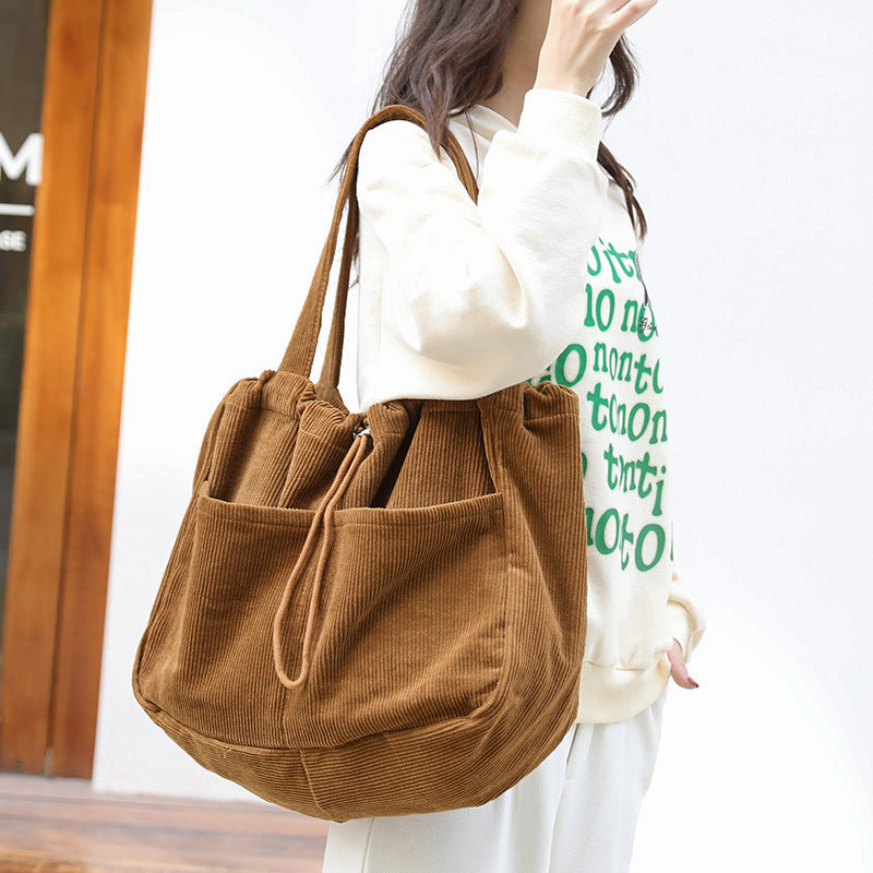 Grand Sac à Main en Velours Côtelé Multi-Poches à Cordon pour Femmes
