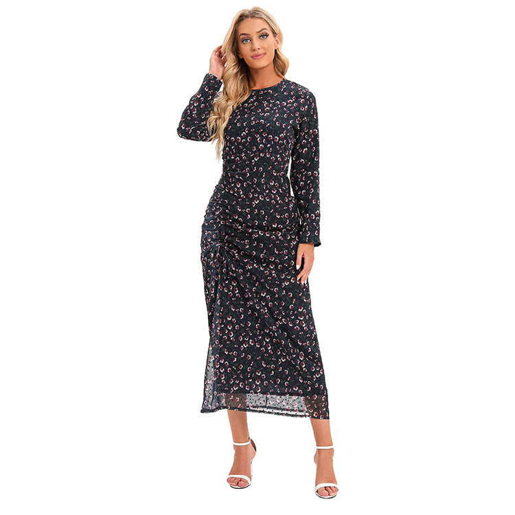 Robe longue trapèze imprimée beige pour femme en fibre de polyester
