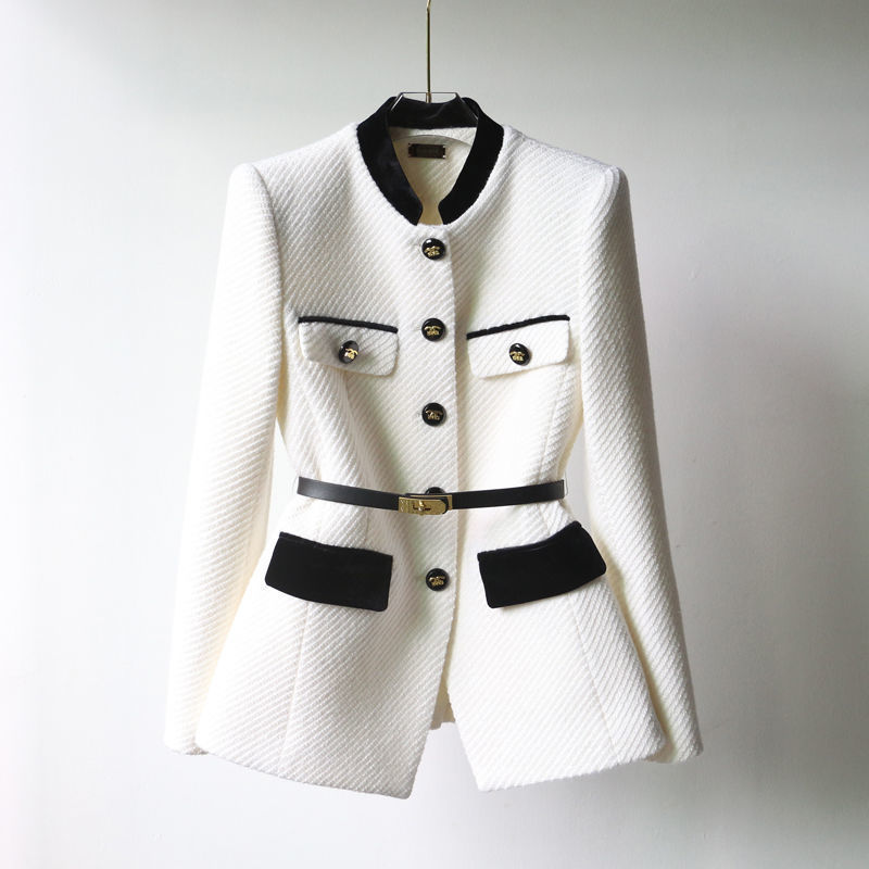 Women's Mid-Length Slimming Overcoat with Shoulder Detail in Black & White Cotton