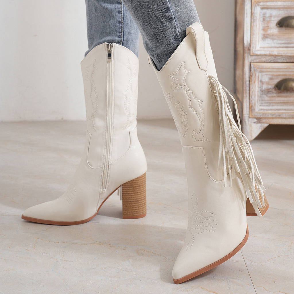 Bottes de cowboy western blanches brodées à pampilles, talon épais mi-mollet