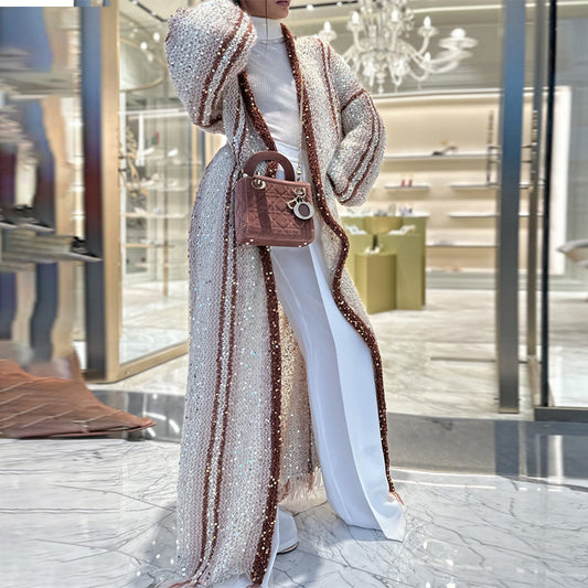 Fashion Color Contrast Sequined Long Knit Cardigan Below Knee