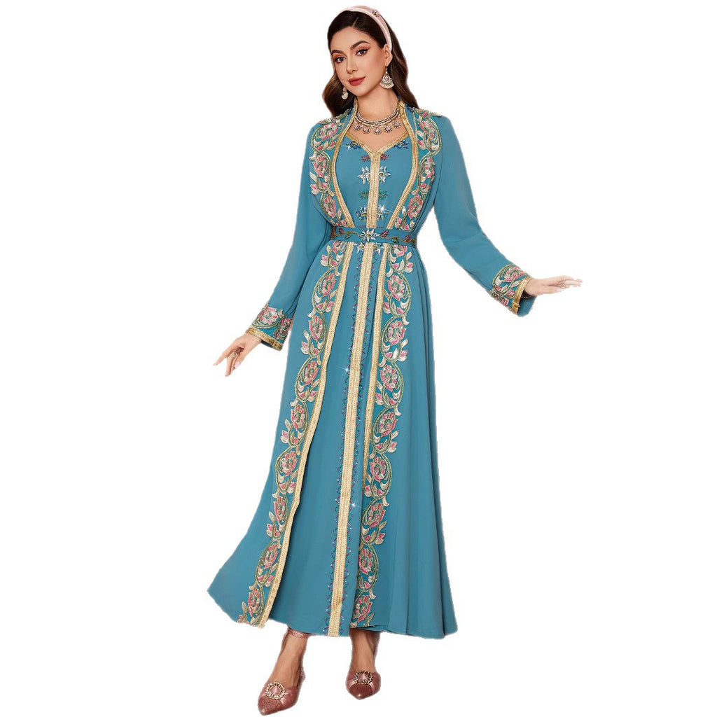 Peacock Blue Lace V-Neck Embroidered Two-Piece Style Belted Dress