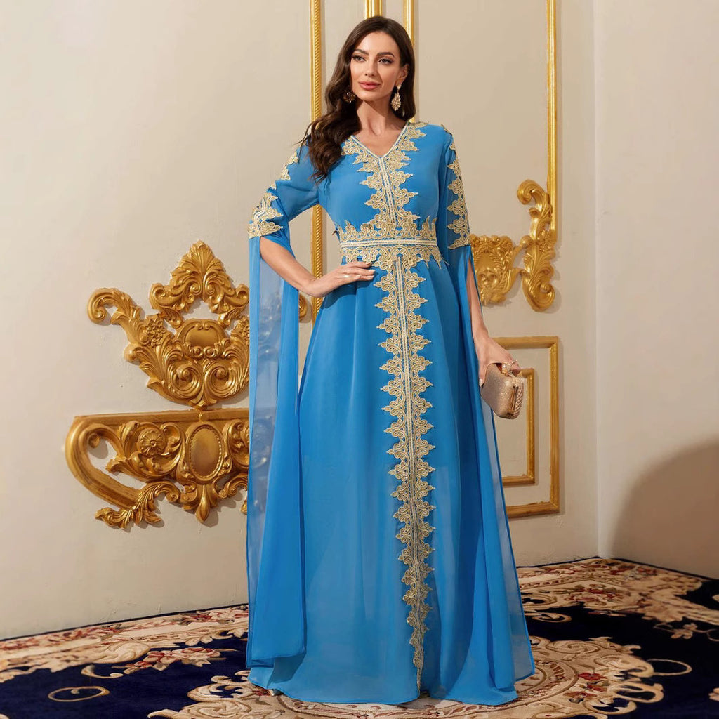 Middle East Women's Blue Lace Patchwork Long Dress with Half Sleeves